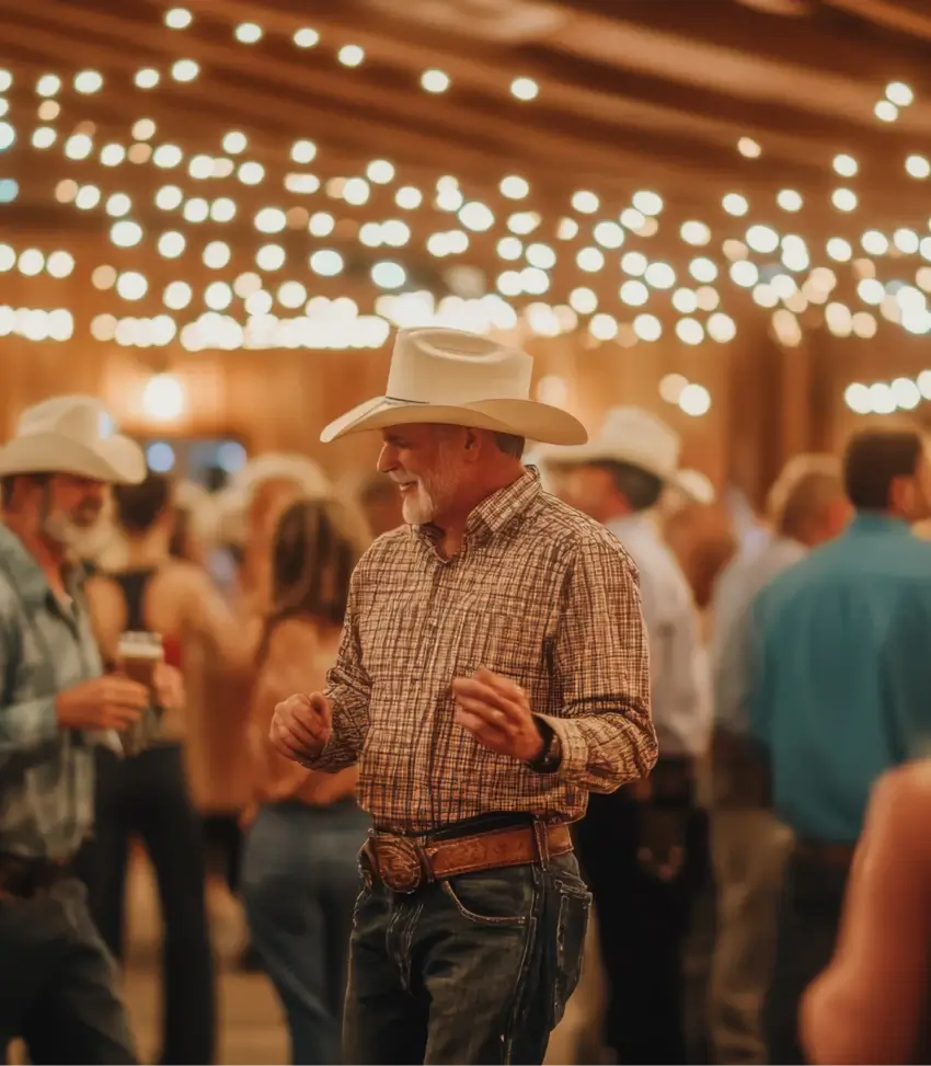 A man wearing a cowboy hat and plaid shirt smiles while dancing among a crowd at an event with warm overhead string lights.