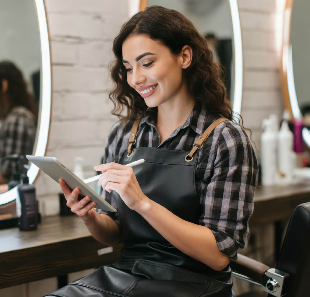 Woman selecting royalty-free music for spas on a touchscreen device.